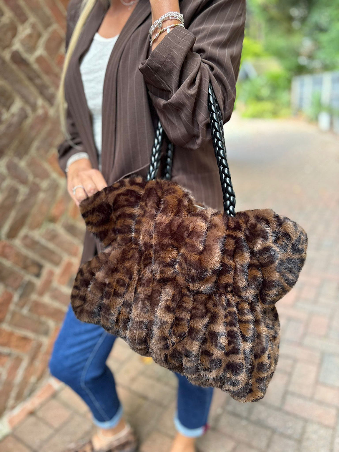 Leopard Print Fur Bag Women's Faux Fur Tote Purse Furry Leopard