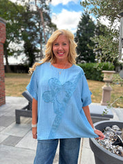 Light Denim Embroidered Floral Top Frankie