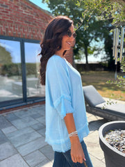 Blue Frayed Detail V Neck Top River