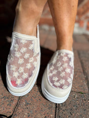 Stone Floral Embroidered Mesh Slip-Ons