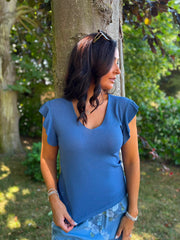 Denim Ruffle Sleeve Knit Top Hannah