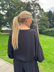 Black Ruched Pebble Button Top Kate