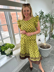 Olive & Chocolate Polka Dot Frill Sleeve Top Bailey