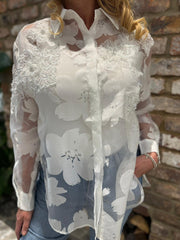 White Sheer Applique Floral Blouse Harriet