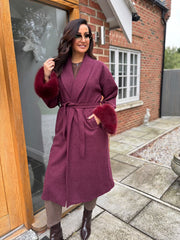 Wine Luxury Faux Fur Cuffed Coat Valentina