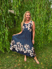 Navy Pleated Floral Stripe Dress Leona