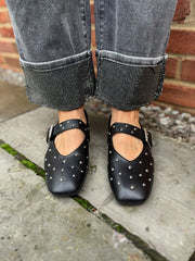 Black Stud Buckle Flats