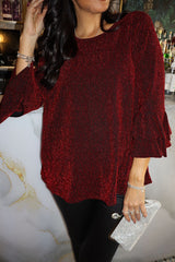 Red Frill Sleeve Shimmer Top Pamela