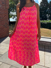 Neon Pink Retro Print Bubble Cotton Dress Athena