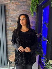 Black Velour Sequin Panel Top Raven
