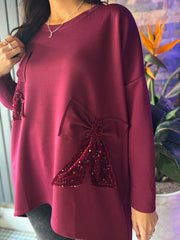 Wine Sequin Bow Sweat Top Emma