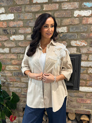 Oatmeal Embellished Floral Applique Blouse Misty