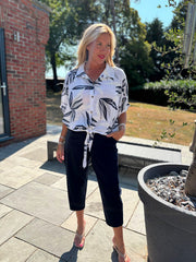 White Sketched Leaf Tie Front Blouse Brielle