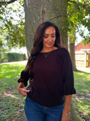 Black Applique Ruffle Sleeve Knit Crystal