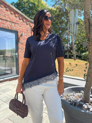 Navy Asymmetric Lace Hem Top Wendy