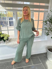 Khaki Bubble Cotton Trouser Set Hayley