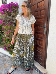 Khaki Tropical Leaf Jumpsuit Athena