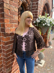 Chocolate Tie Front Crochet Cardi Lottie