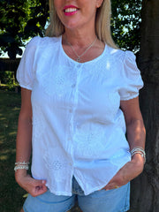 White Buttoned Broderie Flower Top Marcia