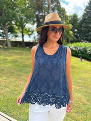 Navy Floral Lace Hem Vest Dina
