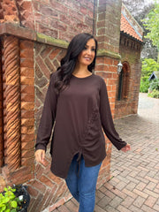 Chocolate Ribbed Drawstring Top Maisie