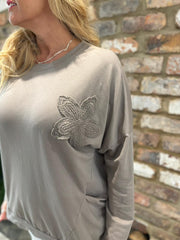 Mocha Crochet Floral Sweat Top Theresa