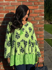 Lime Broderie Hem Tassel Top Ruth