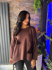 Chocolate Sequin Bow Sweat Top Emma