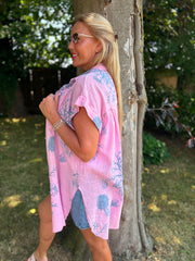 Pink Blue Coral Print Blouse Stacey