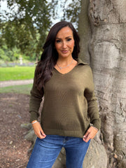 Khaki Open Collar Jumper Rhea