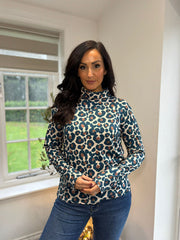 Teal Leopard Print Super Soft Roll Neck
