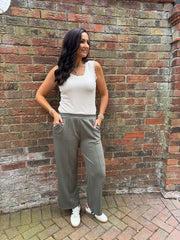 Khaki Seam Front Pull On Comfort Trousers