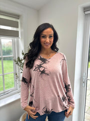 Rose Sketched Flower V Neck Top Amy
