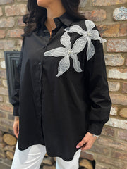Black Embellished Floral Applique Blouse Misty