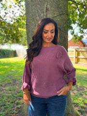 Mauve Applique Ruffle Sleeve Knit Crystal