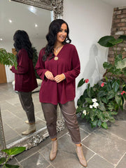Wine V Neck Brooch Top Harper