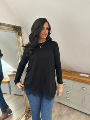 Black Ruched Lace Trim Top Janet