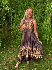 Chocolate Pleated Floral Stripe Dress Leona