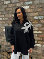 Black Embellished Floral Applique Blouse Misty