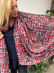 Wine Block Print Raw Edge Scarf