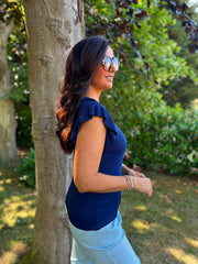 Navy Ruffle Sleeve Knit Top Hannah