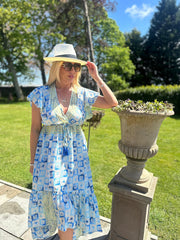 Blue Tile Print Ruffle Dress Natalia