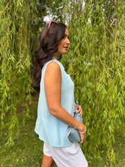 Blue Sleeveless Bubble Cotton Top Jean
