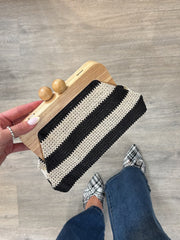 Black Woven Wooden Frame Clutch Bag