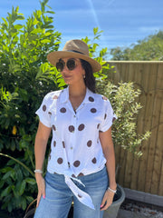White Polka Dot Tie Front Blouse Tiana
