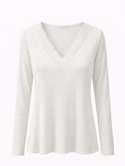 White Ribbed Long Sleeve Lace V Neck Erin