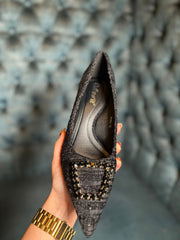 Black Textured Gem Kitten Heels