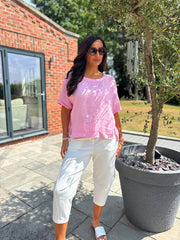 Pink Striped Textured Linen Top Anais