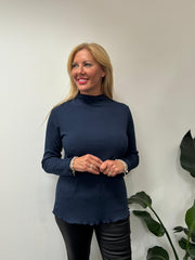 Navy Ribbed Flute Neck Top Charlotte