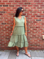 Green Bubble Cotton Fringed Tier Dress Amanda